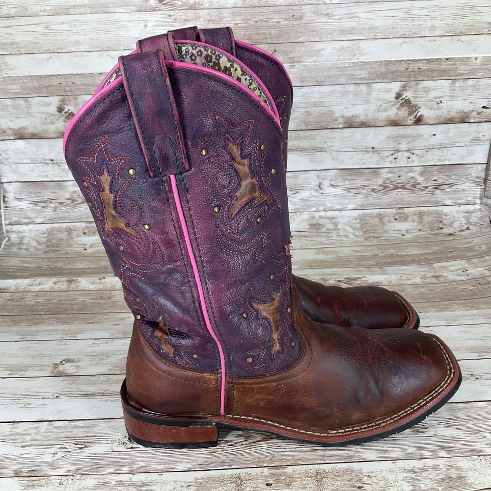 LAREDO WOMENS LOLA COWGIRL BROWN/PINK TRIM EMBROIDERED SQUARE TOE WESTERN BOOTS - Picture 9 of 11